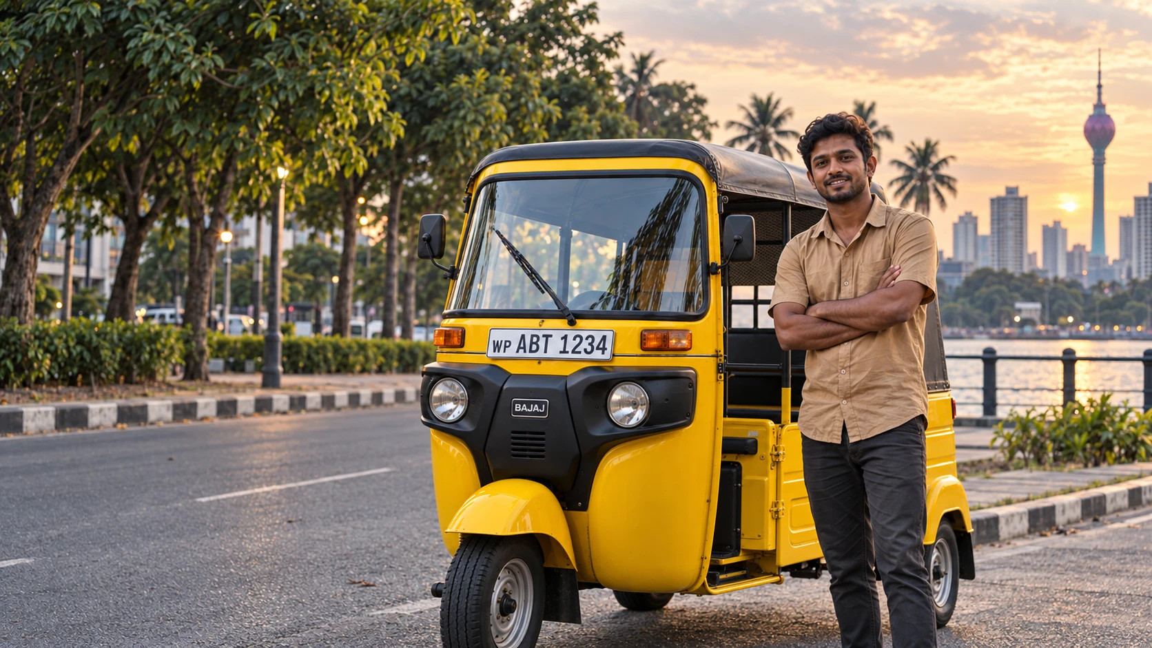 Sri Lankan driver beside a yellow Bajaj tuk-tuk near Colombo’s Lotus Tower