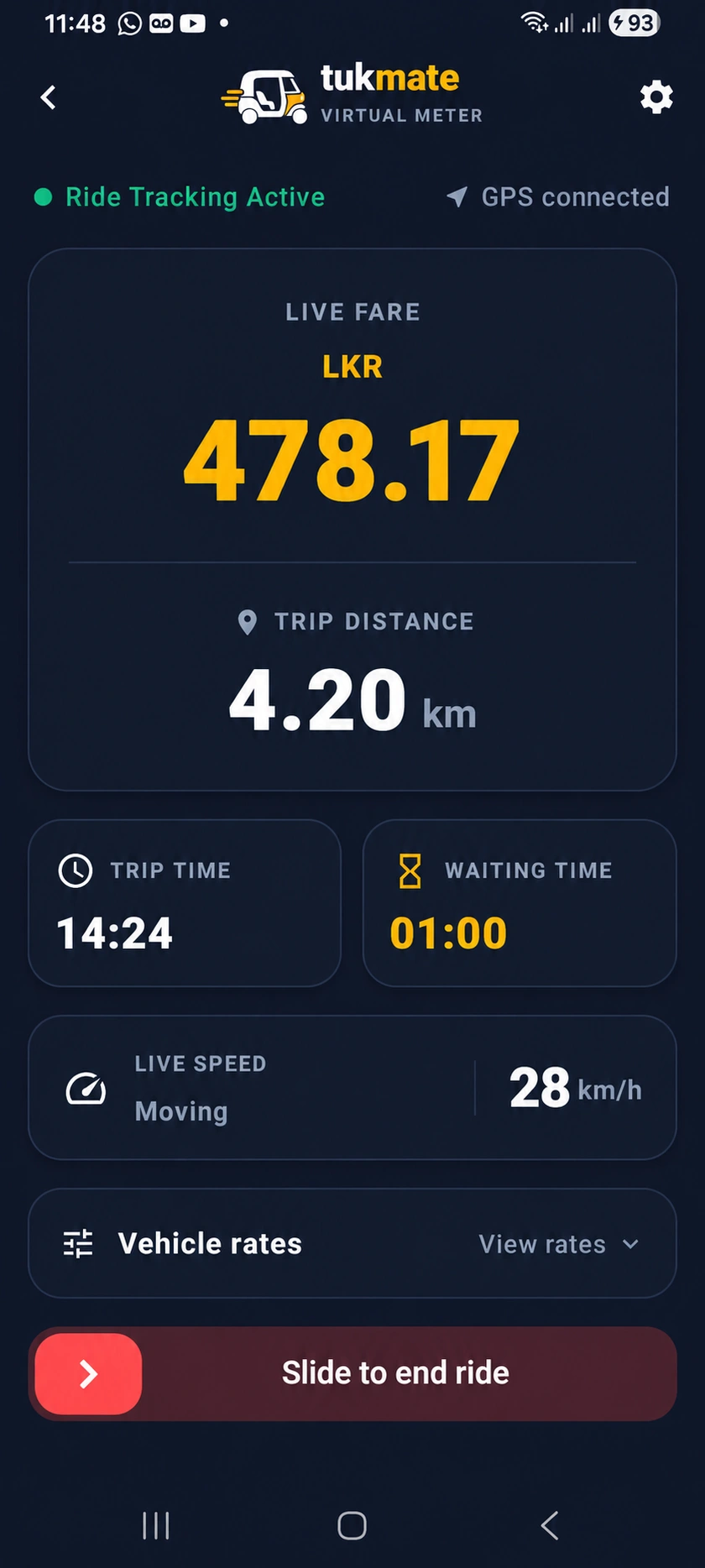 Example ride screen: LKR 478.17, 4.20 km